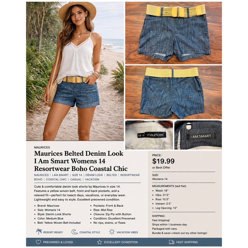 Maurices Belted Denim Look Shorts Womens 14 Blue Coastal Boho Resort